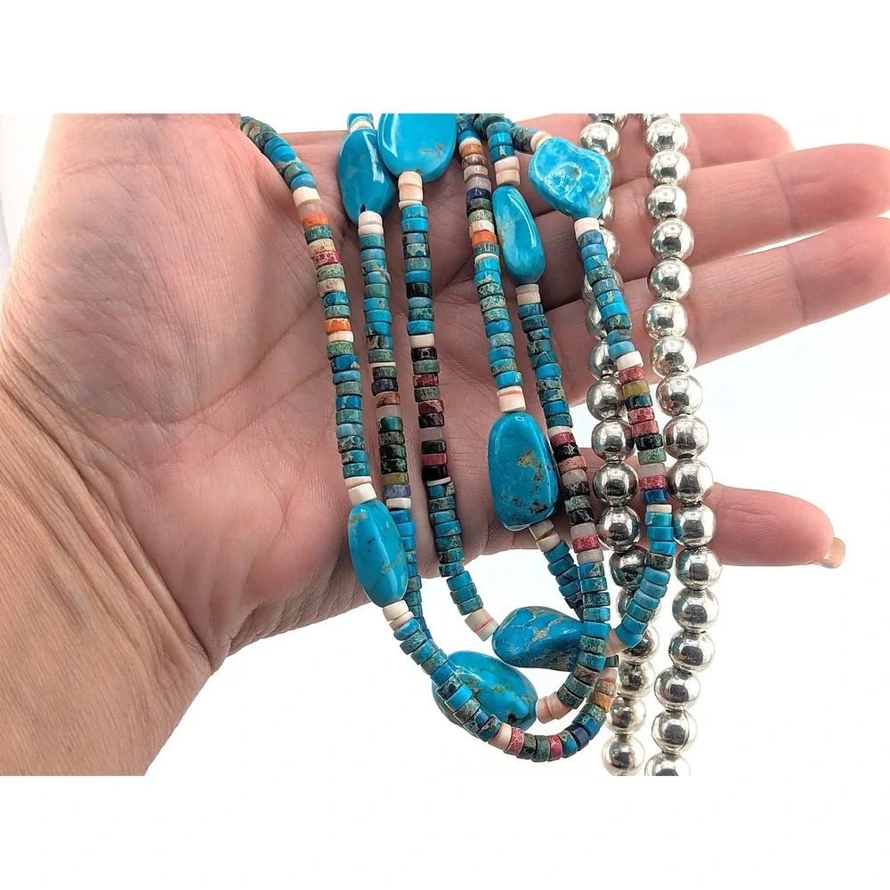 Vintage‎ Navajo Handmade Turquoise Necklace Silver Plated Beads